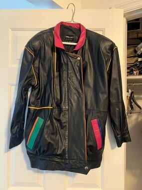Pelle Black Leather Jacket with Pink Collar. many color trim and pockets